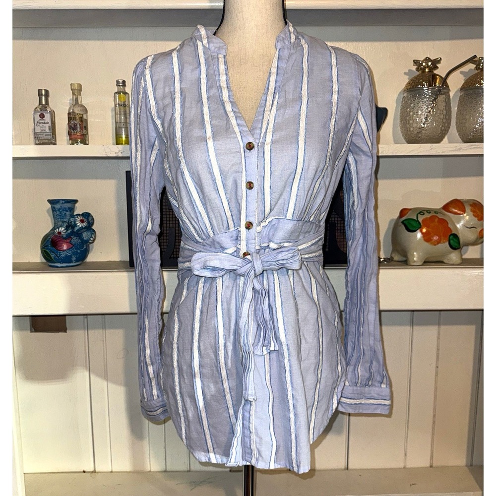 Anthropologie Building Blue White Striped Button Front Belted Shirt Dress 8